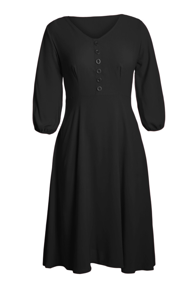 Black Button Front Balloon Sleeve Vintage Dress