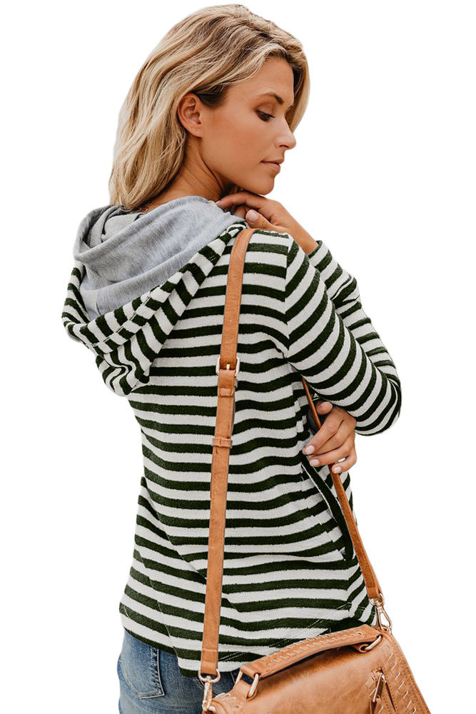 Green Striped Button Detail Hoodie
