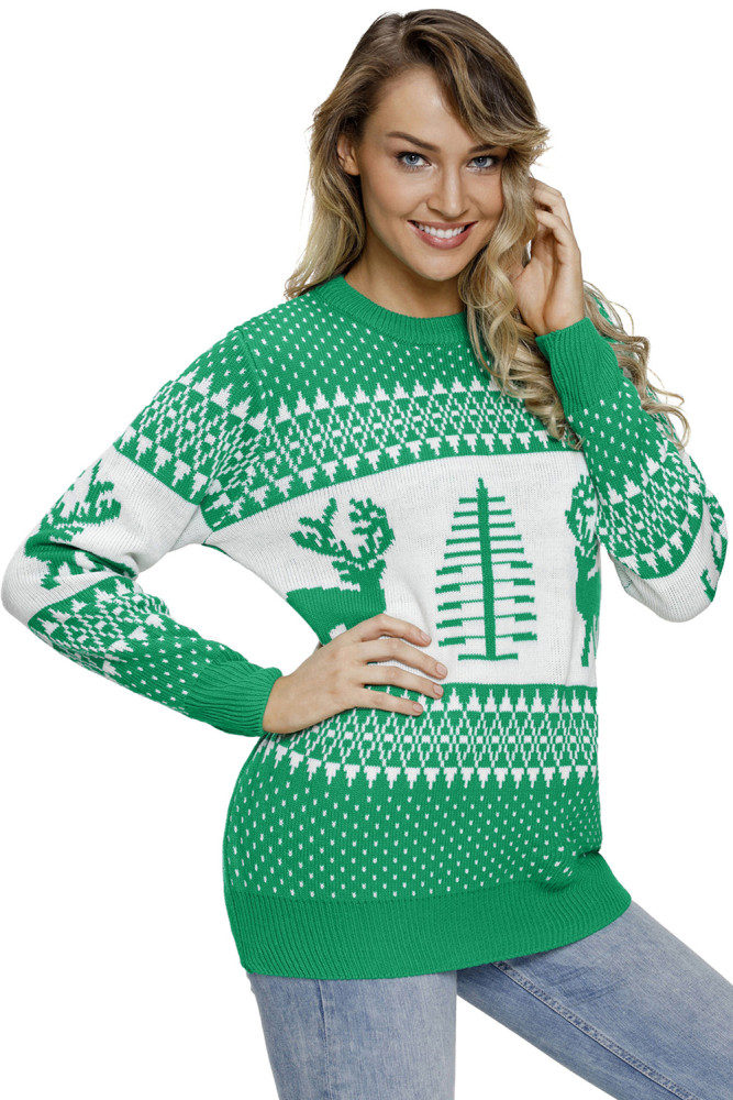 Green White Reindeer and Christmas Tree Sweater