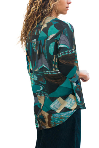 Green Abstract Color Block Pattern Shirt