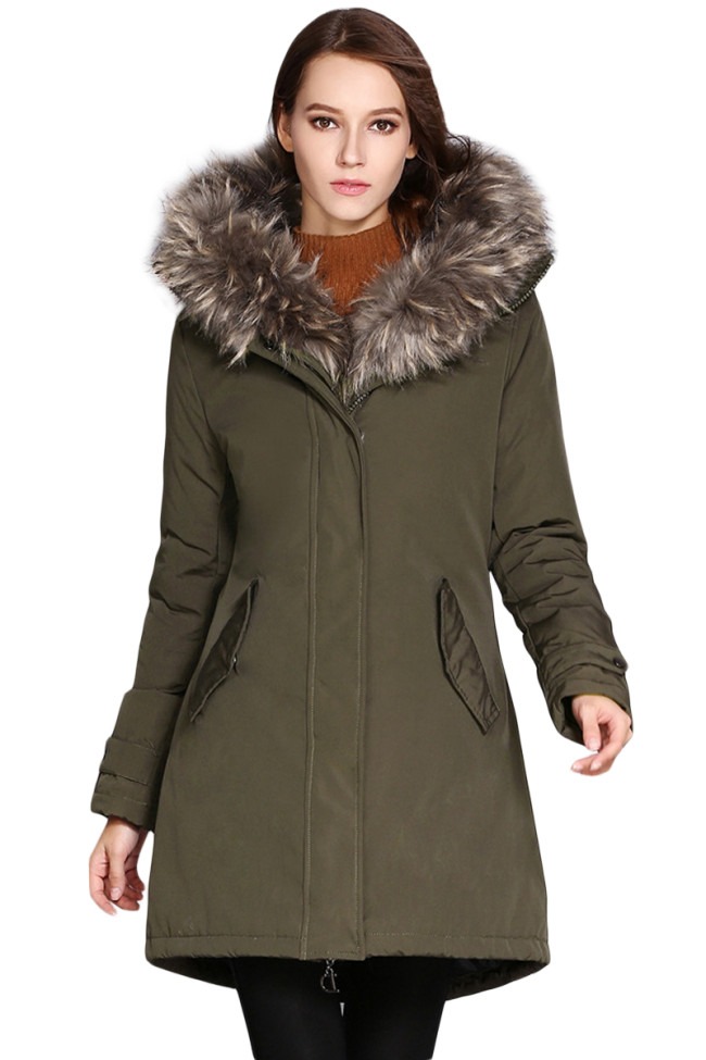 Fur Trim Hooded Army Green Parka Storm Coat