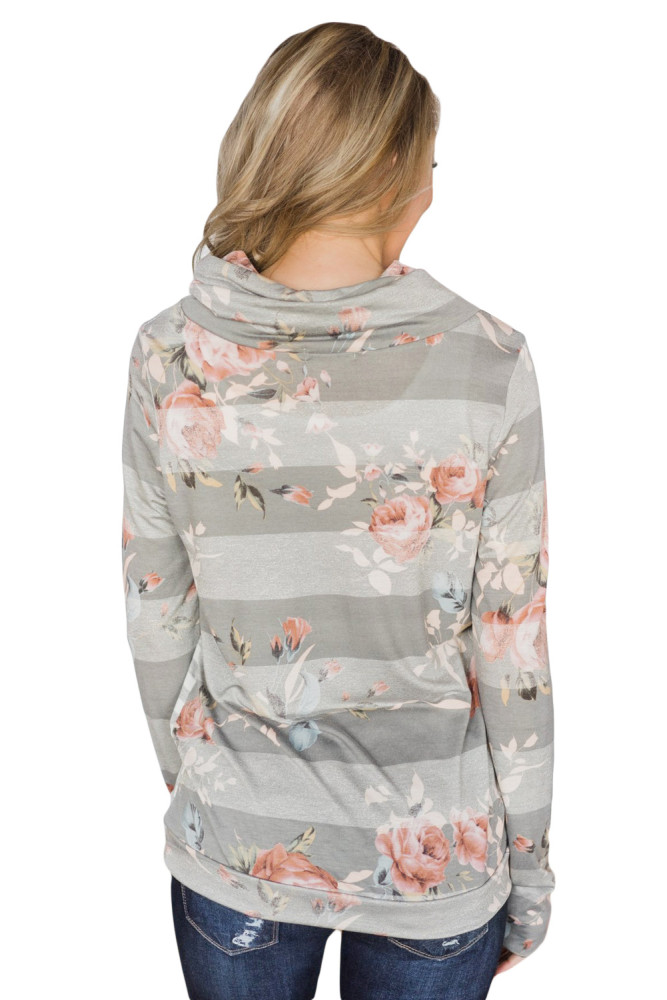 Gray Floral Multi Striped Sweatshirt