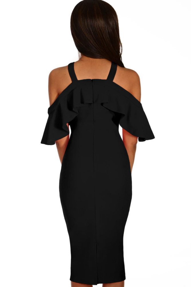 Black Frill Cold Shoulder Midi Dress