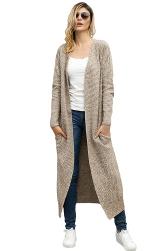 Khaki Open Front Knit Long Cardigan