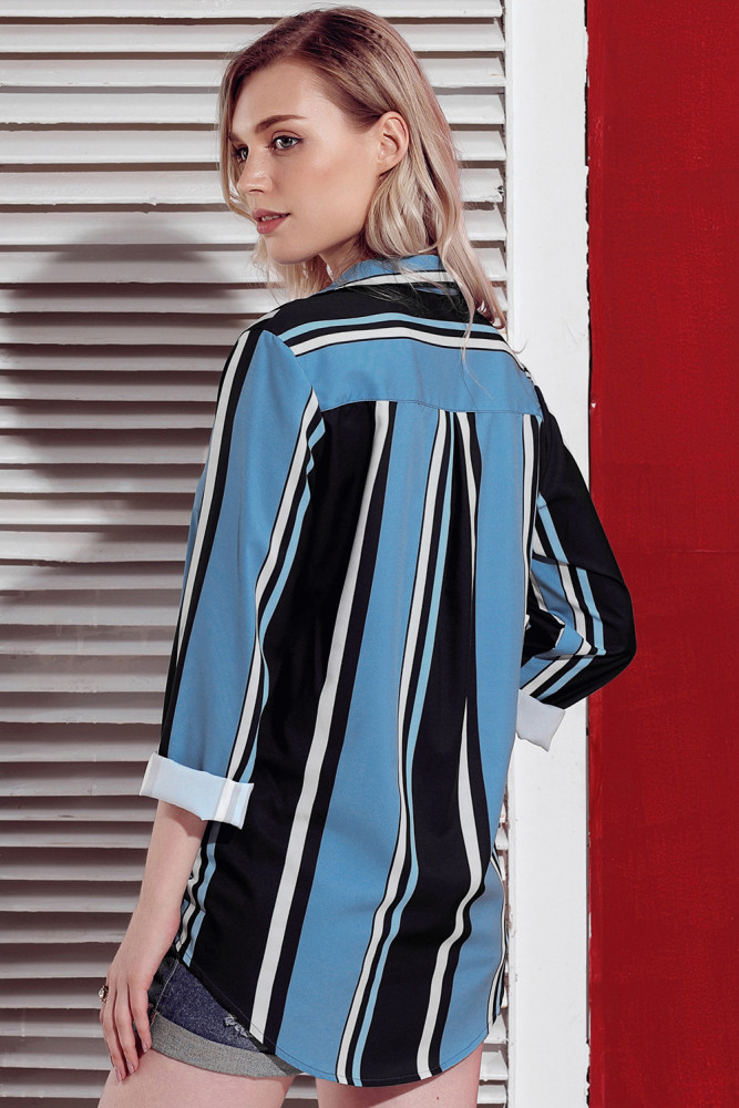 Blue Navy Striped Long Sleeve Button Down Shirt