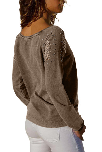 Camel Ribbed Slash Pearl Detail Long Sleeve Top