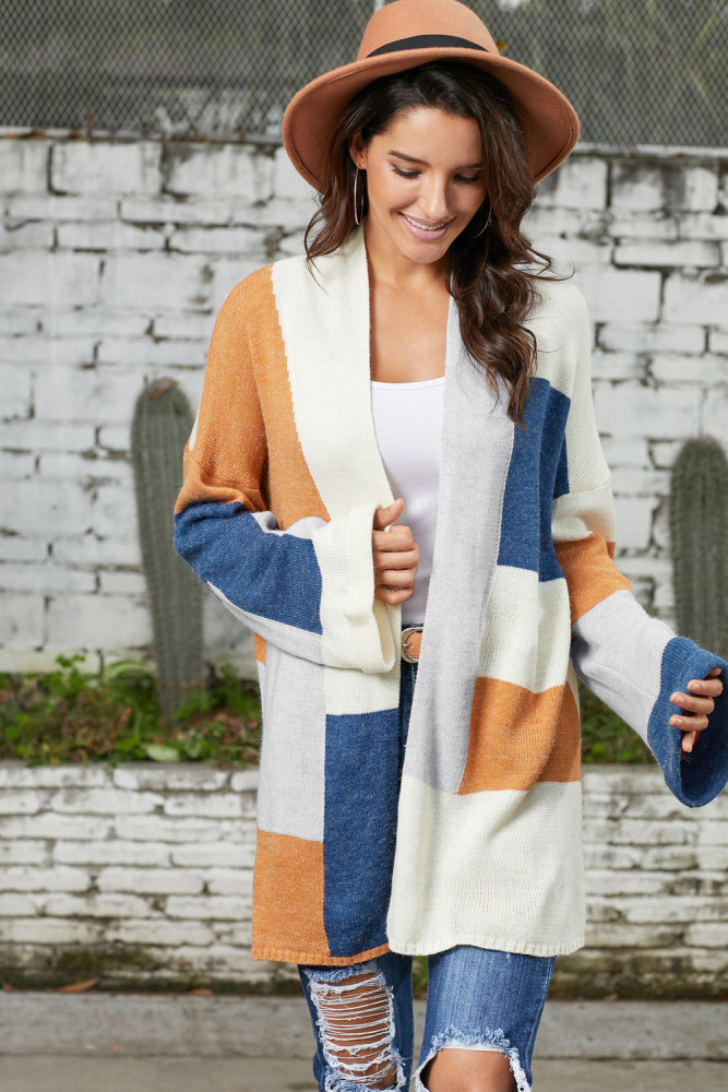Khaki Blue Multi Colorblock Open Front Cardigan