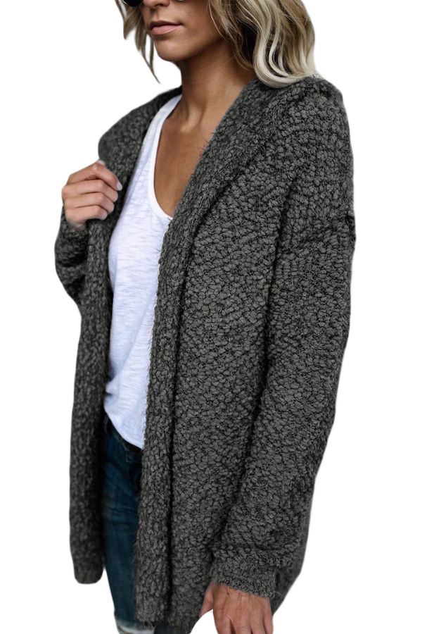 Charcoal Fluffy Hooded Open Front Cardigan