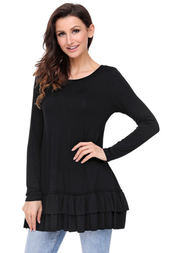 Black Double Ruffle Hem Long Sleeve Tunic Tops