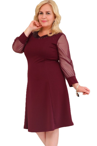 Burgundy Sequined Round Neck Plus Size A-line Dress