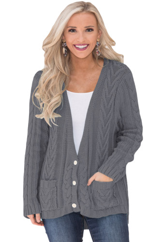 Gray Button the Deep V Front Cable Sweater Cardigan
