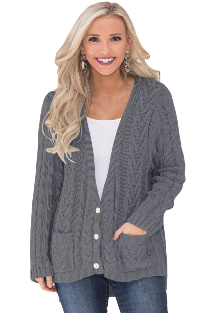 Gray Button the Deep V Front Cable Sweater Cardigan