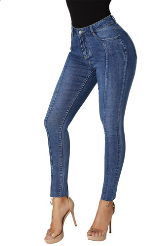 Retro Blue Designful Seam Accent Raw Hem Jeans