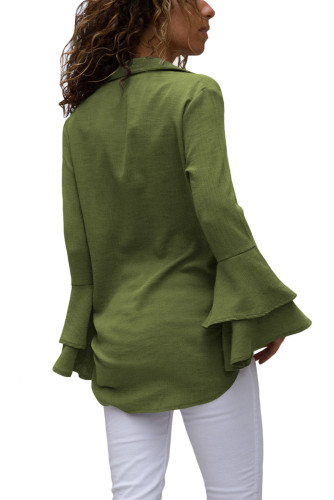 Army Green Layered Bell Sleeve Button Down Shirt