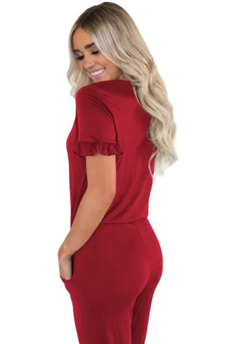 Burgundy Ruffled Short Sleeve Casual Jersey Jumpsuit