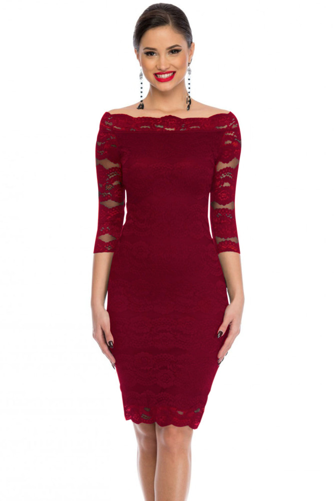 Burgundy Lace Scalloped Off Shoulder Midi Dress