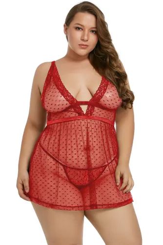 Red Plus Size Dot Mesh Lace Babydoll Set