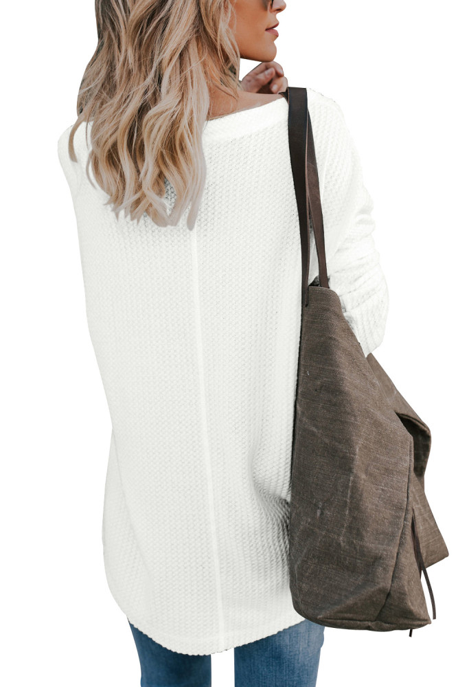 White Waffle Knit Button Front Blouse