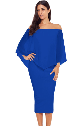 Blue Off Shoulder Sleeve Detail Bodycon Midi Dress