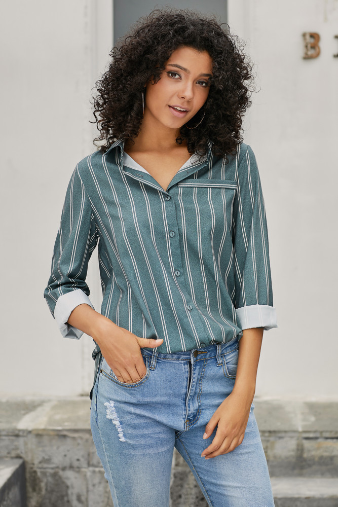 Olive Green Striped Button Detail Shirt for Women