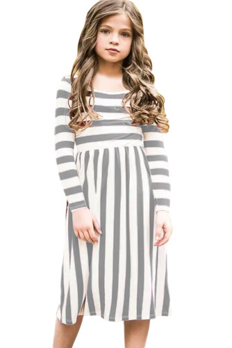 Gray White Striped Long Sleeve Dress for Kids