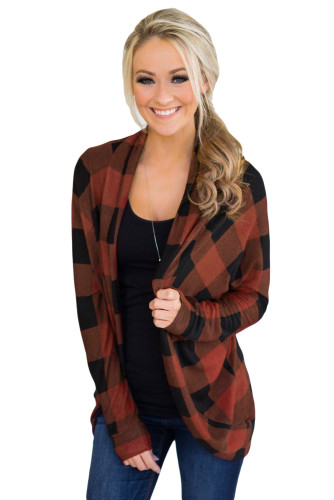 Red Open Front Irregular Lattice Print Ladies Cardigan Coat