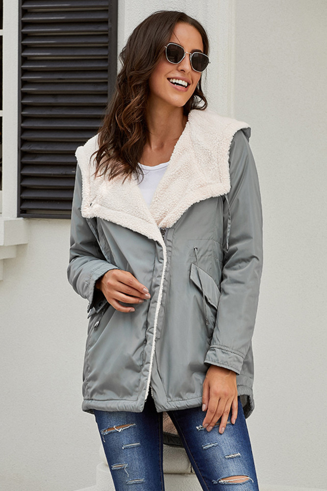 Gray Asymmetric Hooded Fleece Winter Coat