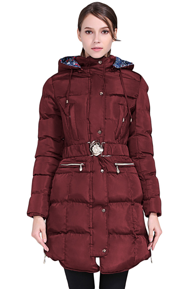 Burgundy Cotton Quilted Longline Hooded Coat