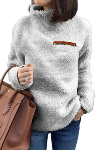 Gray Plush Pullover Stand Collar Sweatshirt