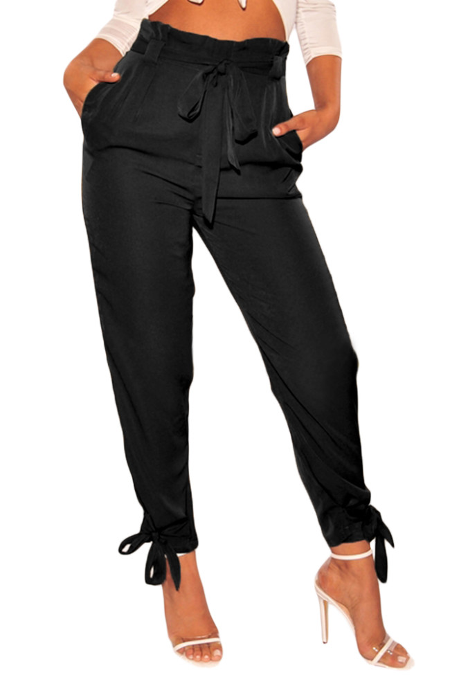 Black High Waist Belted Tie Up Leg Pants