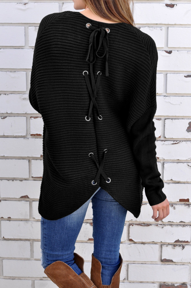 Black Ribbed Knit Lace Up Back Sweater Cardigan