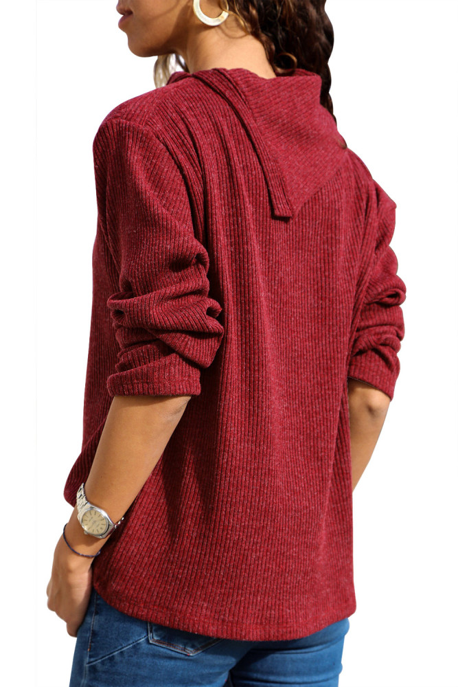 Burgundy Asymmetric Cowl Neck Ribbed Knit Top