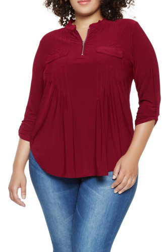 Burgundy Plus Size Zip Up Pleated Top