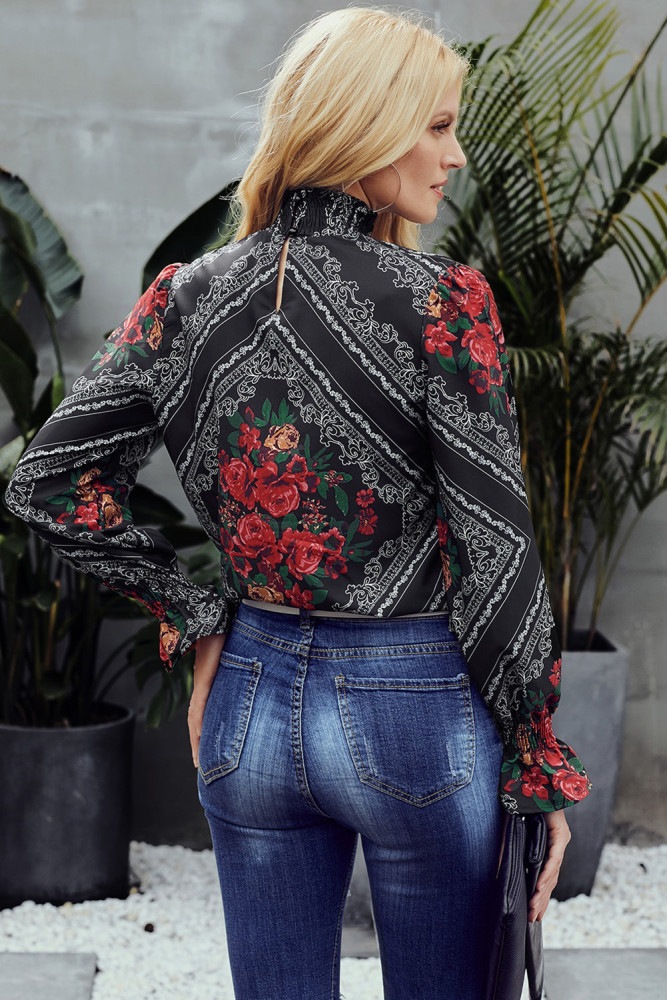 Gothic Red Rose Print Smocked Long Sleeve Blouse