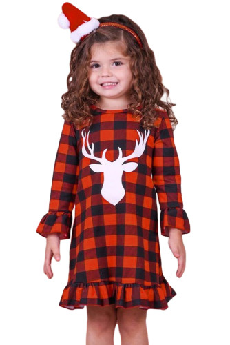 Girls Reindeer Graphic Plaid Ruffled Christmas Dress