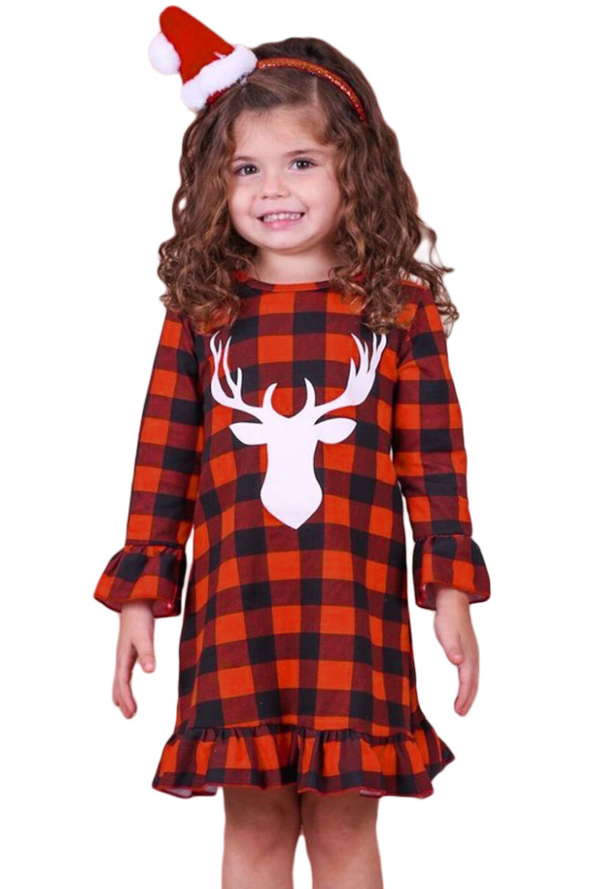 Girls Reindeer Graphic Plaid Ruffled Christmas Dress