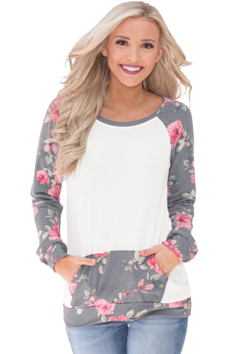 Gray Floral Patchwork Kangaroo Pocket Sweatshirt
