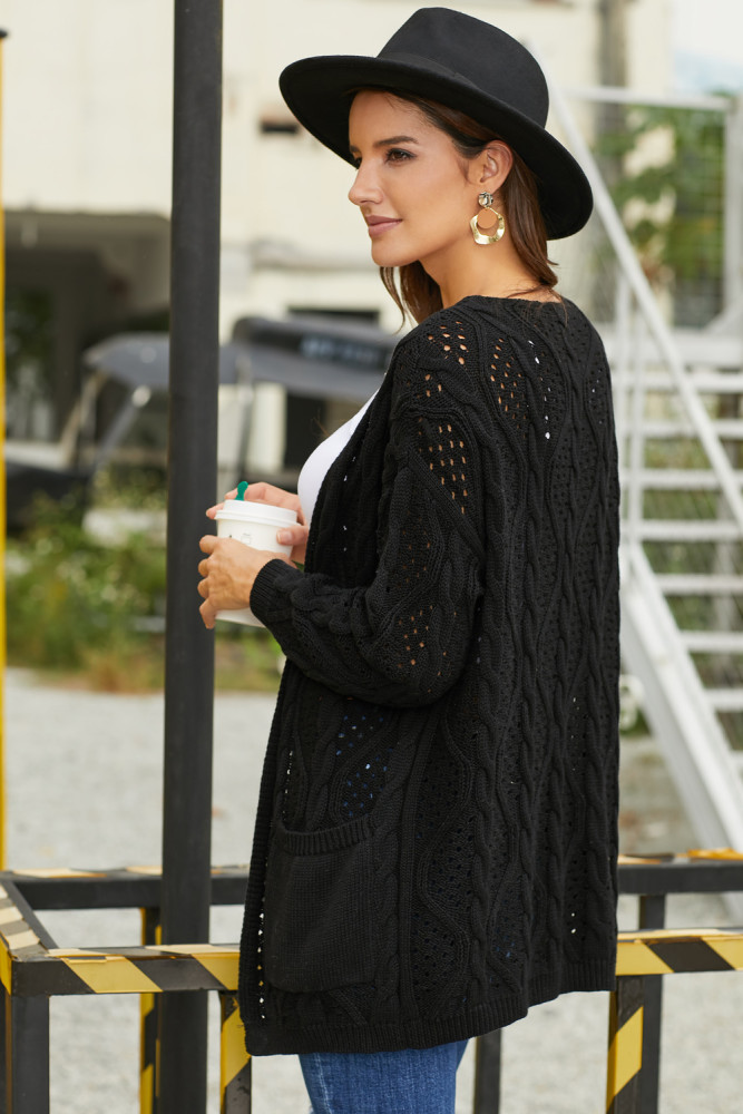 Black Hollow Out Open Front Cardigan with Pockets