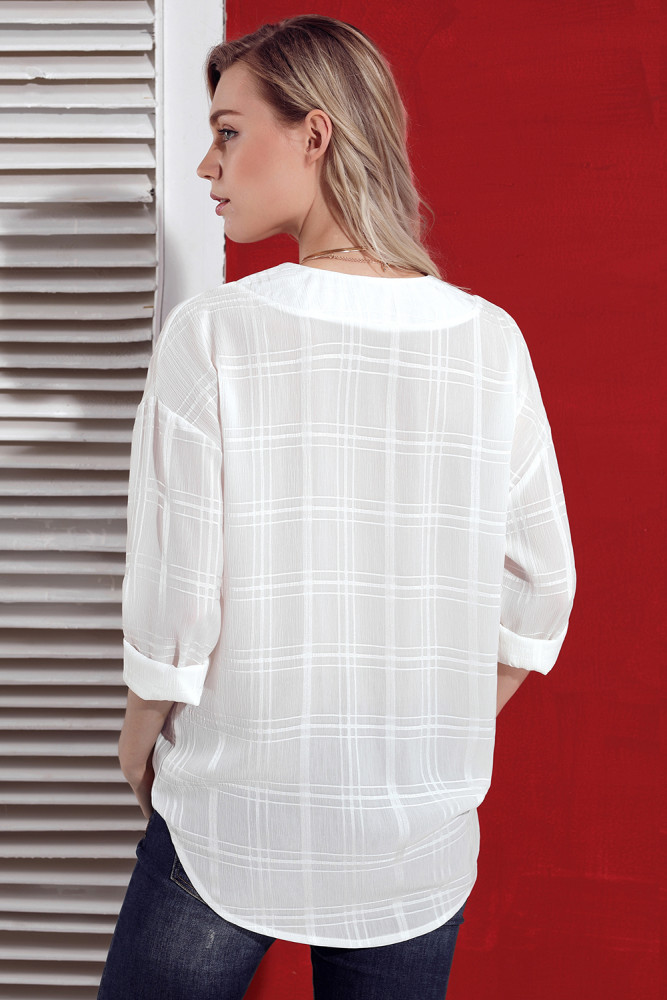 White Crepe Plaid Notched Neckline Blouse