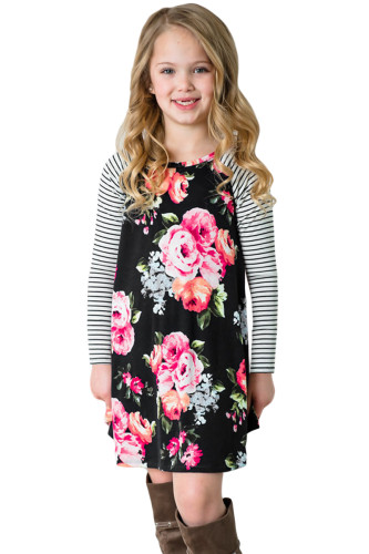 Black Spring Fling Floral Striped Sleeve Short Dress for Kids