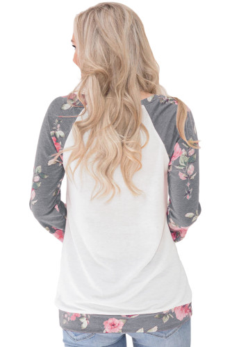 Gray Floral Patchwork Kangaroo Pocket Sweatshirt
