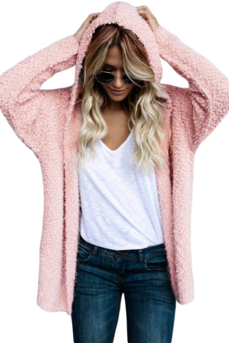 Pink Fluffy Hooded Open Front Cardigan