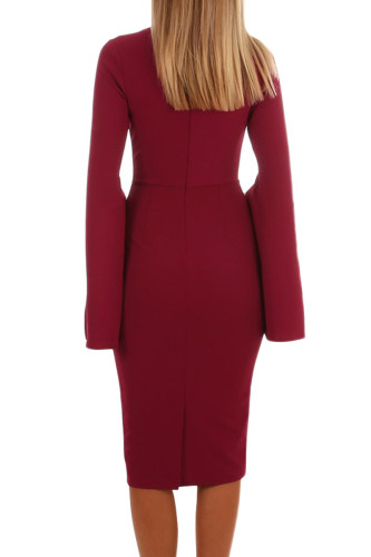Burgundy Split Bell Sleeves V Neck Bodycon Midi Dress