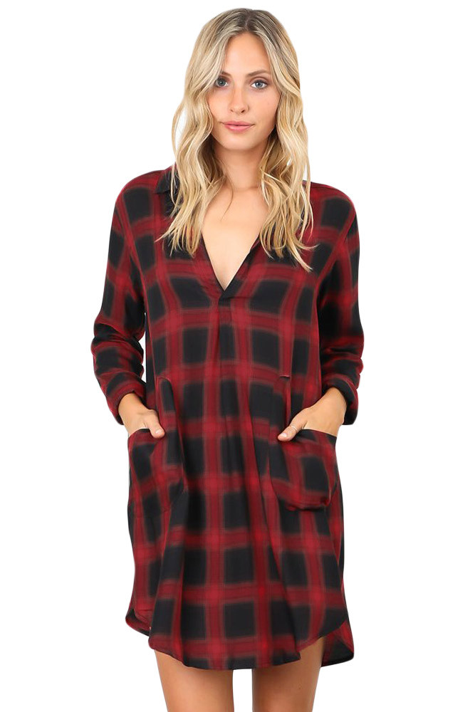 Red Black Plaid Pocket Style Shirt Dress