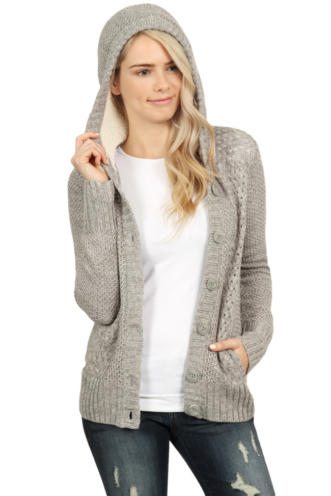 Fleece Hooded Gray Button Down Cardigan Sweater