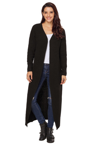 Black Open Front Knit Long Cardigan