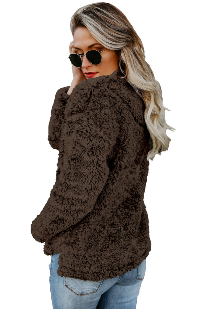 Coffee Zipper Fleece Pullover Coat