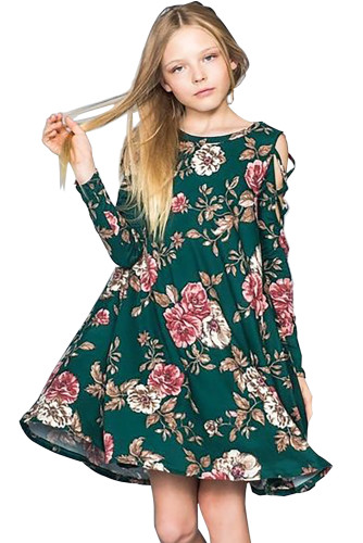 Green Floral Crisscross Shoulder Kids Dress