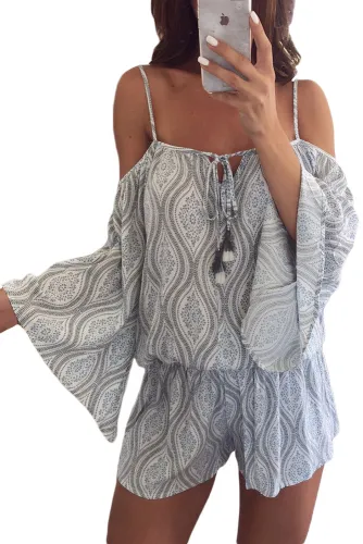 Tribal Print Cold Shoulder Tassels Casual Romper