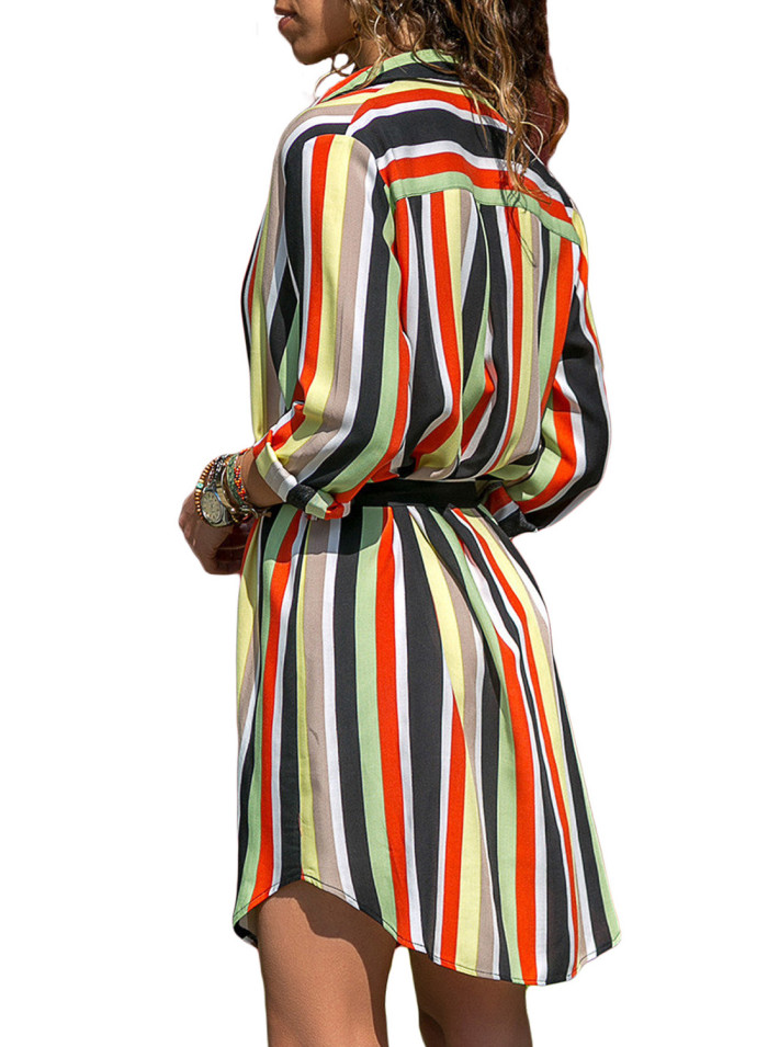 Five Color Print Button V Neck Shirt Dress